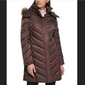 Kenneth Cole Long Line Puffer Coat ‎ in Dark Roast Brown Sz XS  No Hood